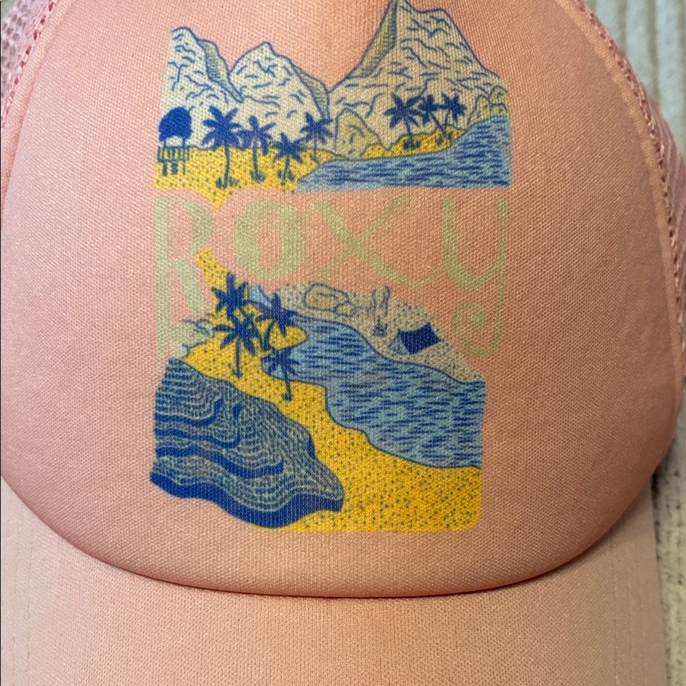 Roxy Pink Hat with Blue and Yellow Beach Design